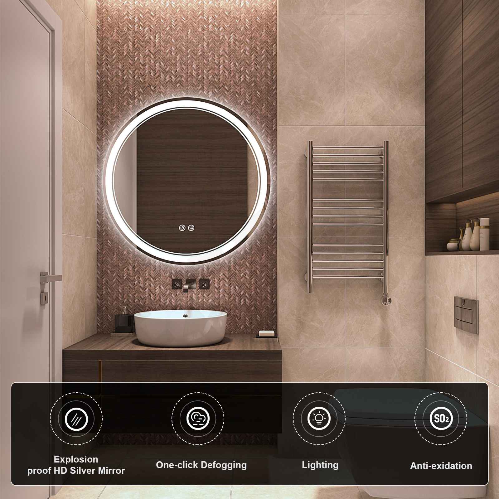 Врућа продаја Предње светло + декоративно округло ЛЕД огледало за купатило са позадинским осветљењем са више функција