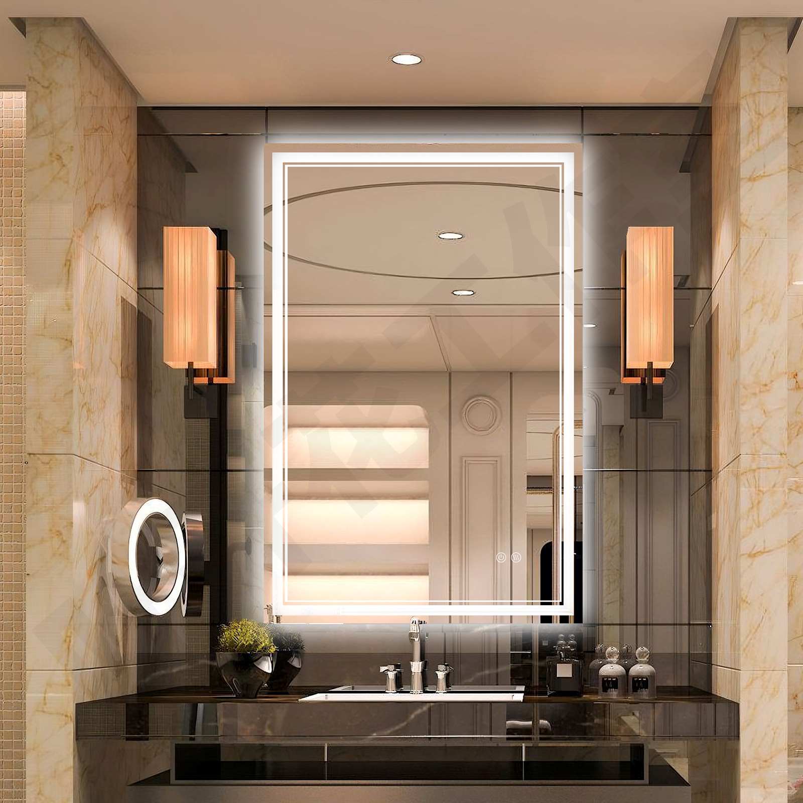 Врућа продаја Предње светло + декоративно правоугаоно ЛЕД огледало за купатило са позадинским осветљењем