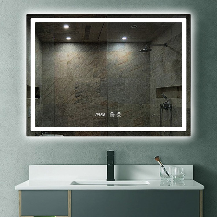 Hotel Luxury Defogger LED Lighted Bath Mirror With Time Display