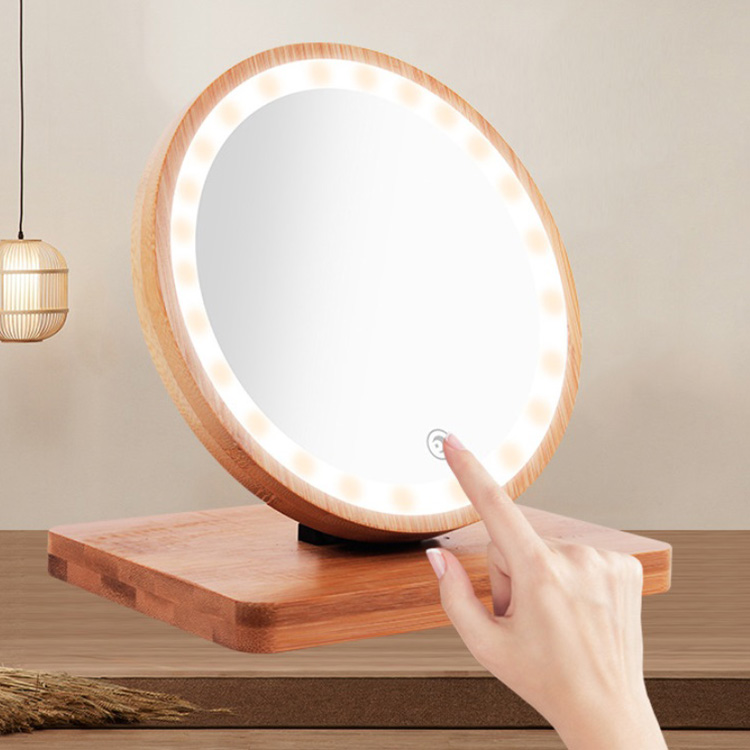 Round LED Makeup Mirror With Wooden Frame
