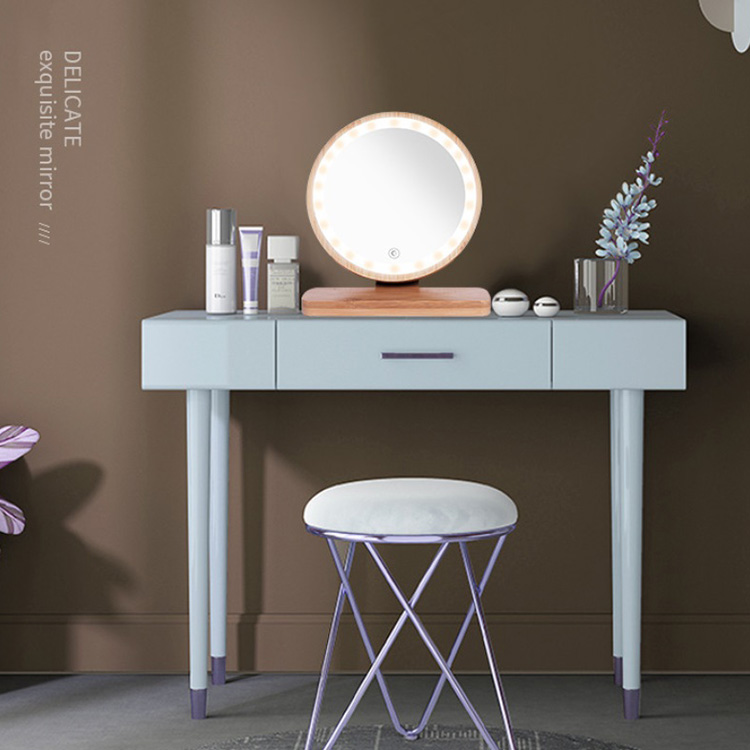 Round LED Makeup Mirror With Wooden Frame
