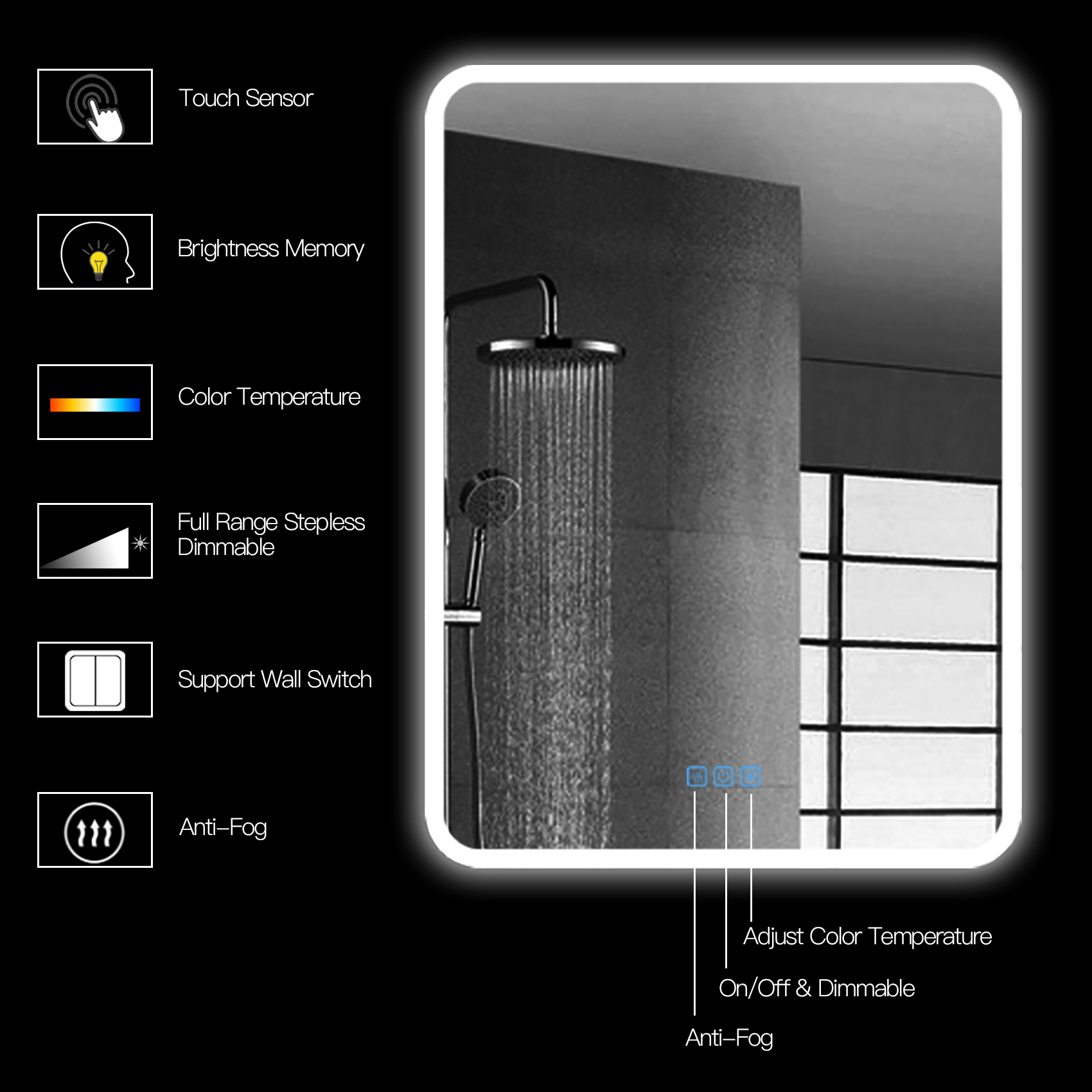 Rectangle LED Bathroom Mirror With Three Touch Switch