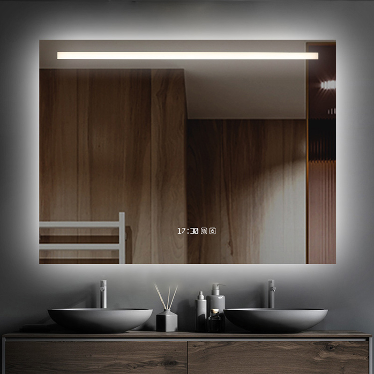 Gương phòng tắm LED hình chữ nhật với dải ánh sáng mờ trên cùng