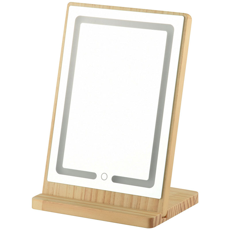 Espejo de maquillaje LED rectangular con marco de madera