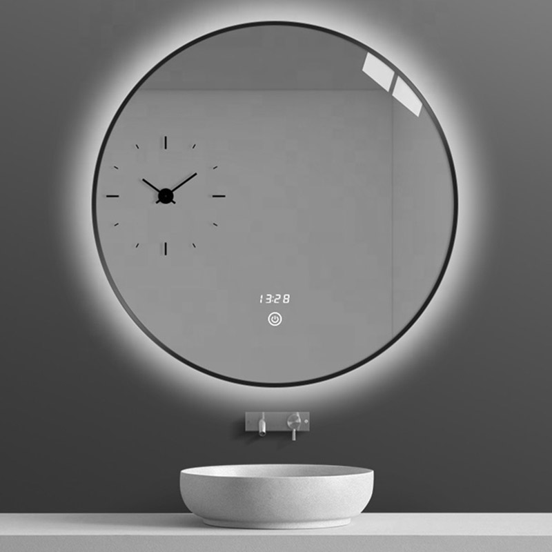 Apvalus LED vonios veidrodis su laiko ekranu