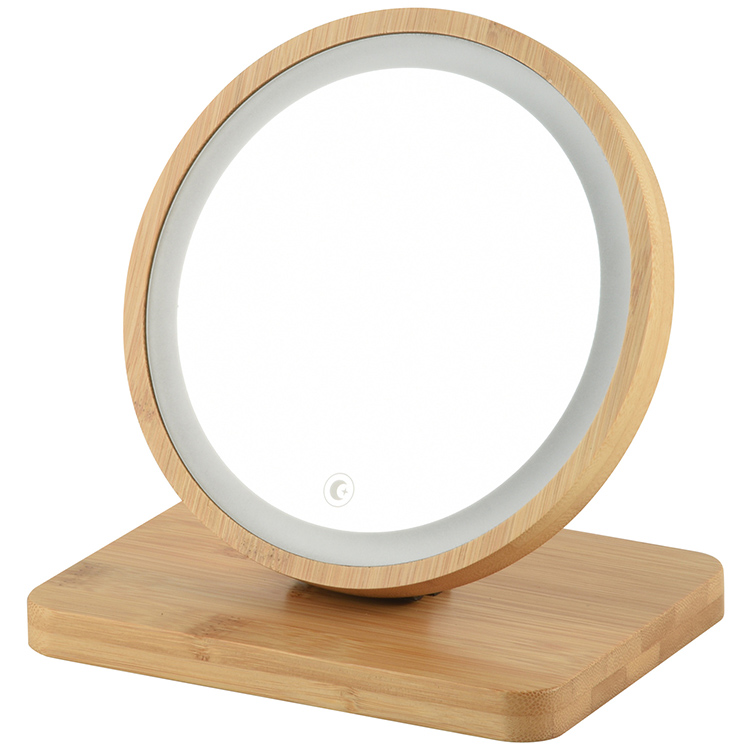 Okrúhle LED kozmetické zrkadlo s dreveným rámom