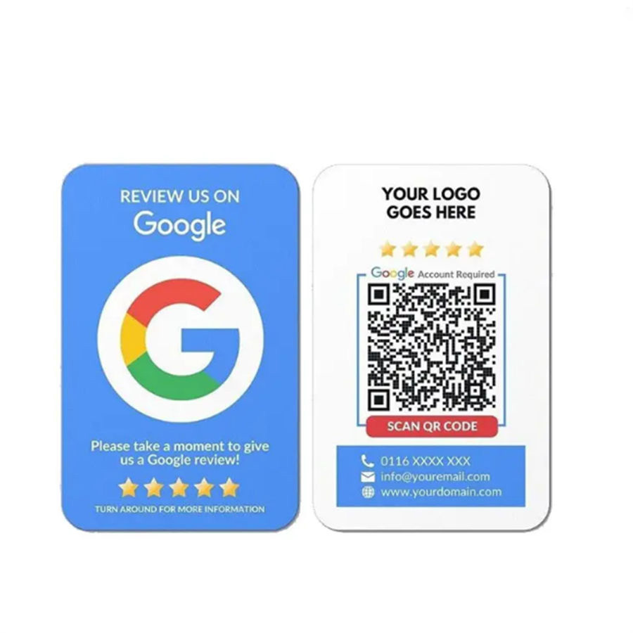 कारखाना अनुकूलन RFID स्मार्ट सामाजिक मिडिया Ntag213 चिप Qr कोड NFC कार्ड PVC व्यापार गुगल समीक्षा कार्ड