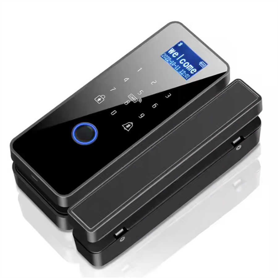 Kantor Kunci Pintu Kaca Smart Fingerprint Card Sandi Remote Mbukak kunci Tuya WiFi Smart Kaca Door Lock
