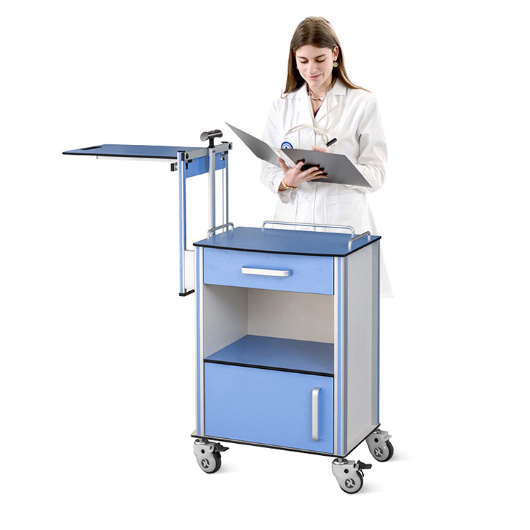 Adjustable Medical Overbed Table Aluminum Hospital Storage Bedside Table na may mga Casters