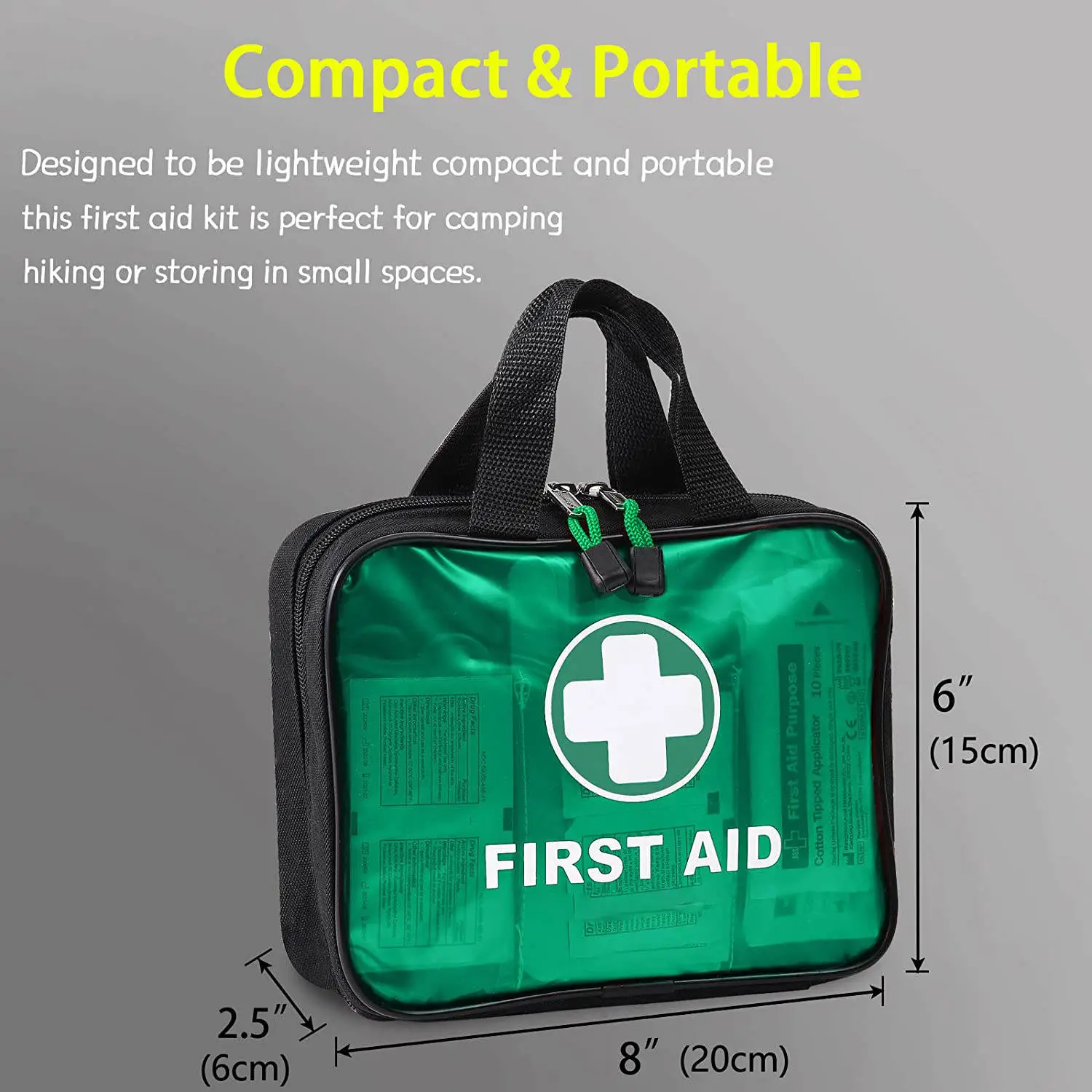 Zielona torebka pierwszej pomocy zawierająca 200 sztuk artykułów medycznych klasy szpitalnej