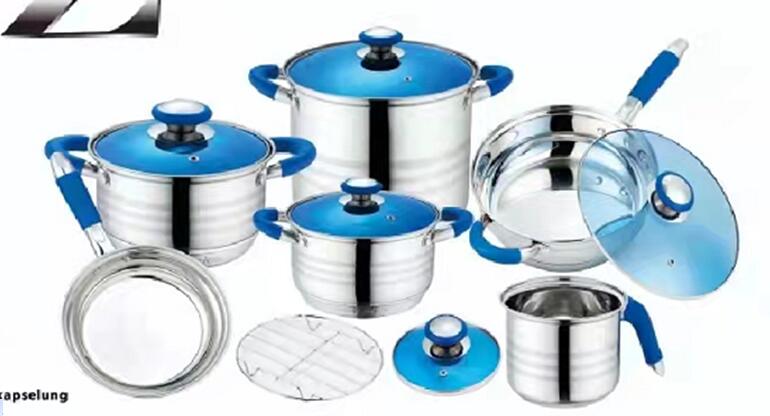 South America style color 12pcs industrial rolled edge stainless steel cookware set cooking pot with sandwich bottom
