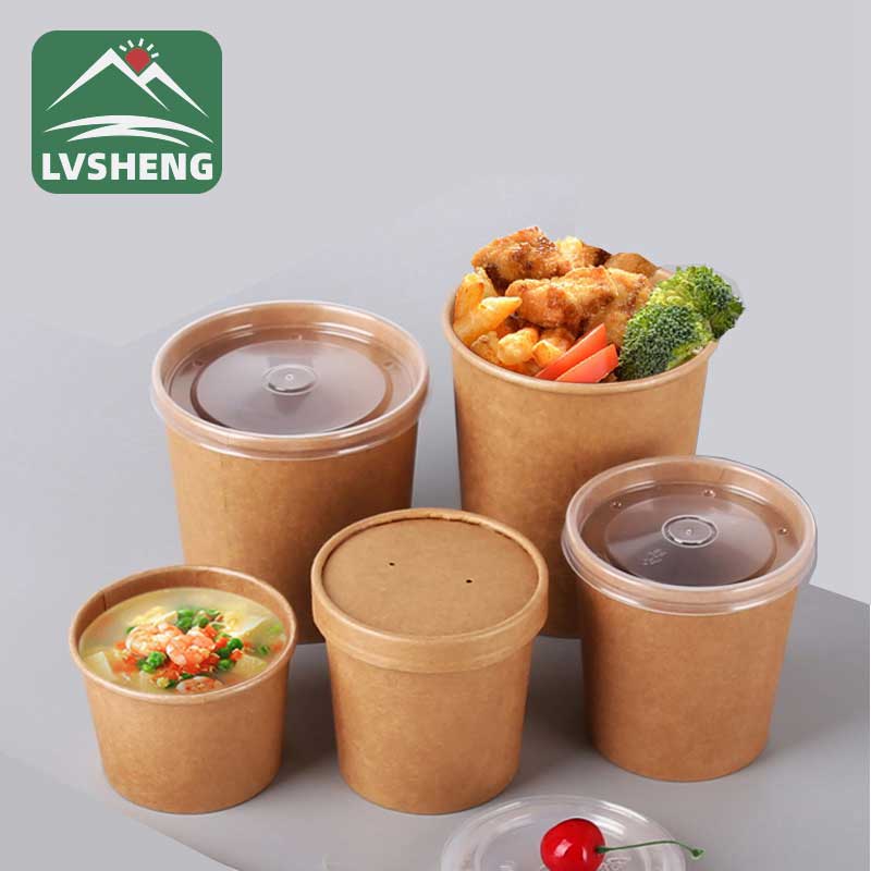 Kraft Disposable Chinese Paper Soup Bowl with Lid