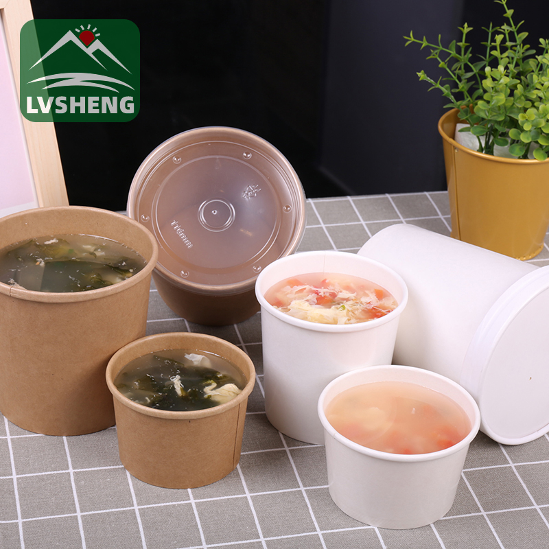 Lvsheng 종이 포장, 뚜껑이 있는 100% 퇴비화 가능한 크래프트 종이 수프 그릇 출시
