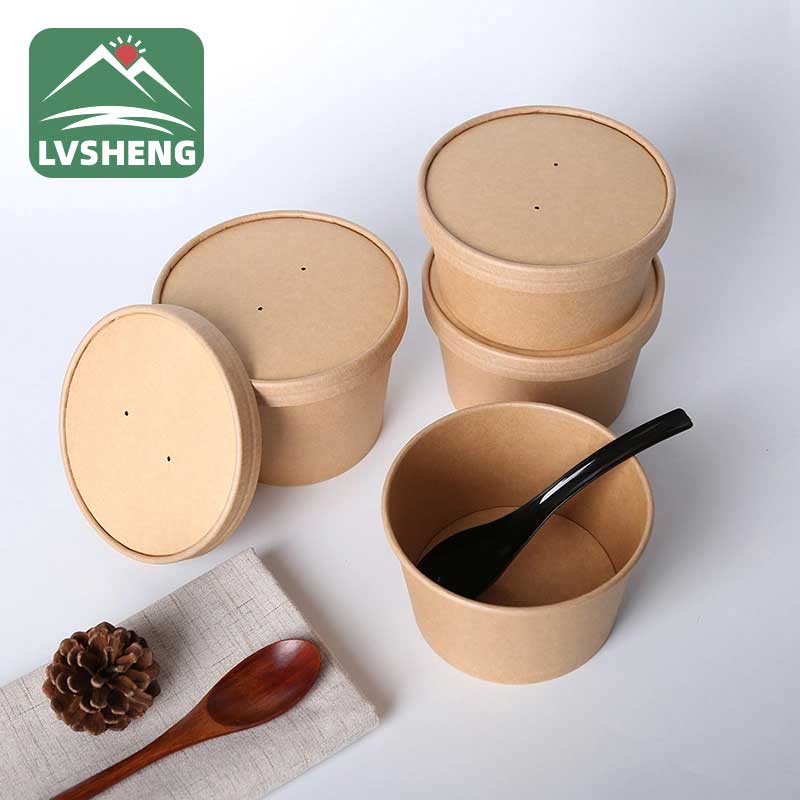 Kraft Disposable Chinese Paper Soup Bowl with Lid