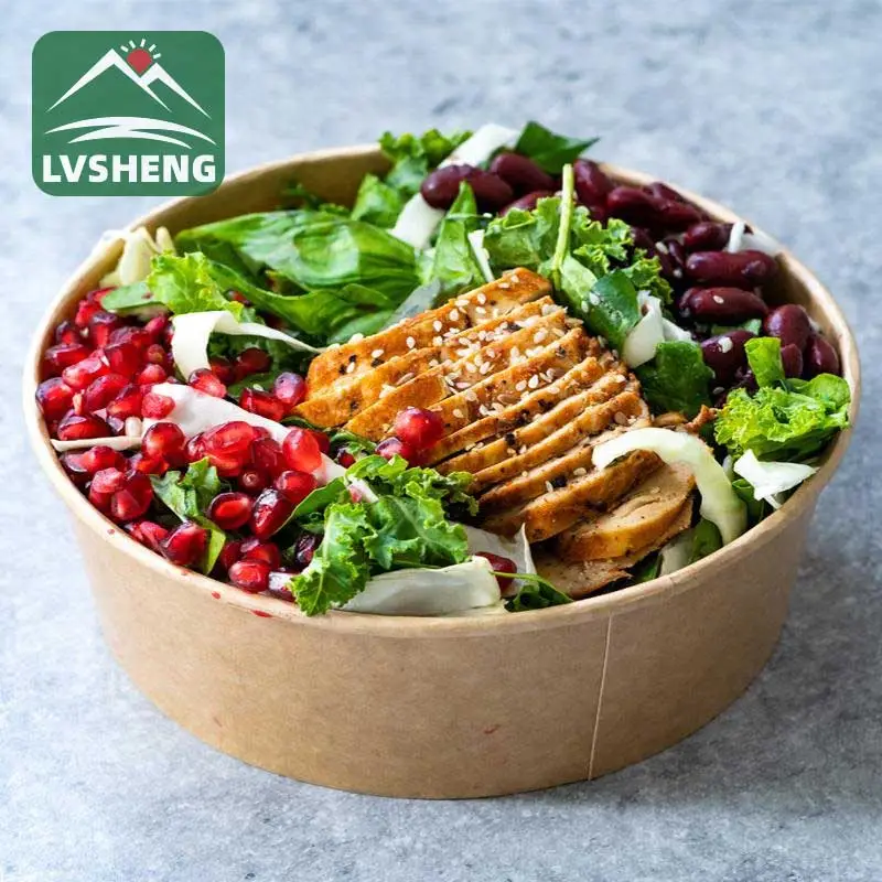 Printed Kraft Paper Salad Paper Bowl With Lid