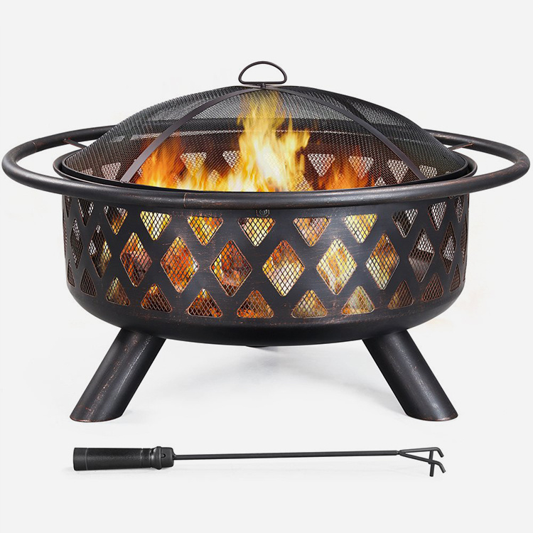 36'' Outdoors Iron Fire Pit with Mesh Screen Poker and Cover