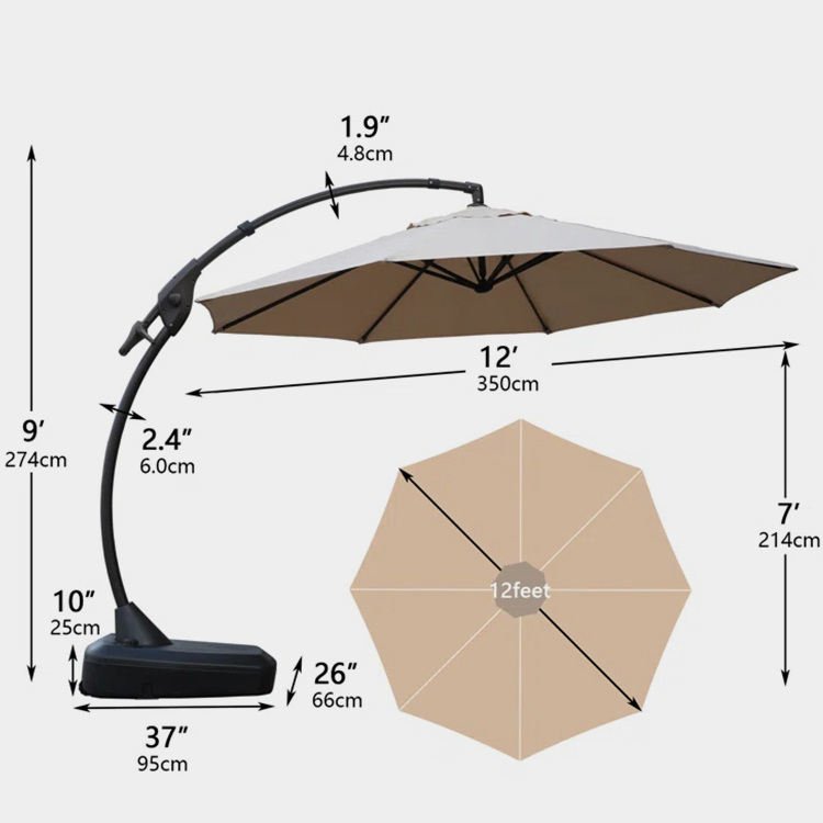 12 FT Outdoor Curvy Aluminum Patio Umbrella Offset Umbrella, Patio Cantilever Umbrella with Base