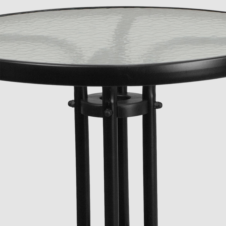 Patio Bistro Dining फर्निचर सेट Round Glass Metal Table २ ब्ल्याक मेटल एल्युमिनियम स्ल्याट स्ट्याक कुर्सीहरूसँग