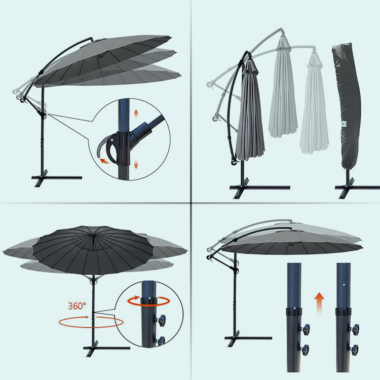 3M Outdoor Sun Shade Cantilever Parasol, Banana Garden Patio Umbrella with Crank Handle, 18 Sturdy Ribs, Grey