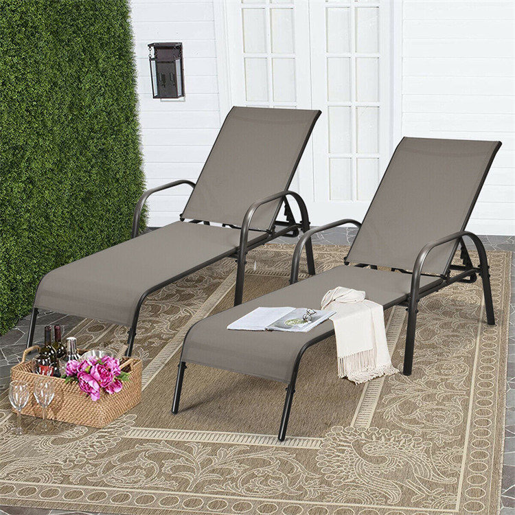 Outdoor Adjustable Chaise Lounge Chair Reclining Bed with Backrest& Armrest Brown