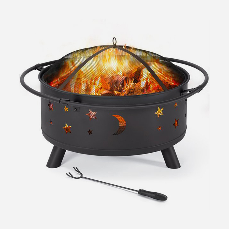 30'' Outdoor Camping or Backyard Round Cosmic Stars and Moons Fire Pit with Cooking Grill Grate, Spark Screen, and Log Poker