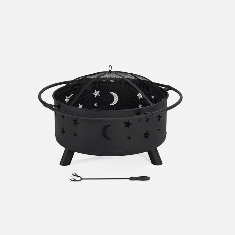 30'' Outdoor Camping or Backyard Round Cosmic Stars and Moons Fire Pit with Cooking Grill Grate, Spark Screen, and Log Poker