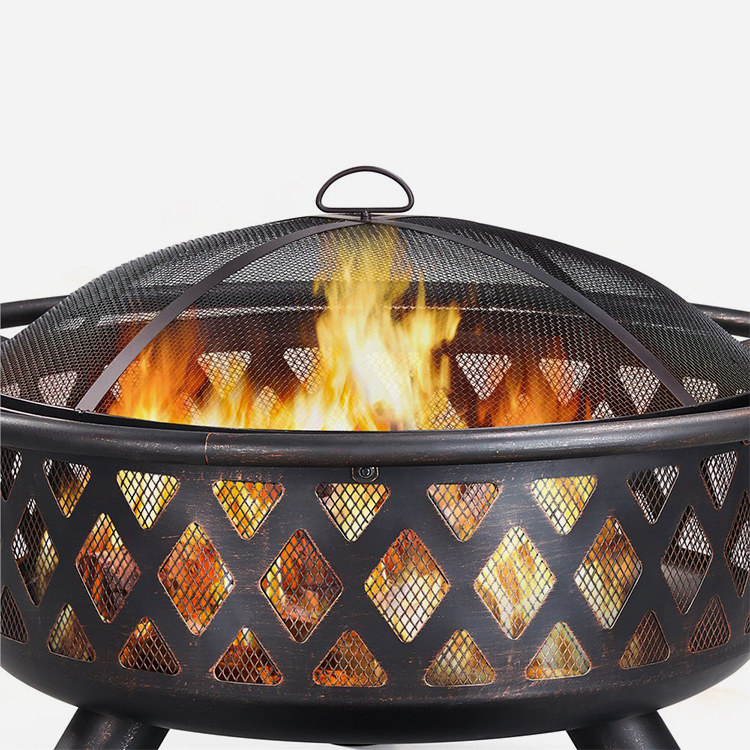 36'' Outdoors Iron Fire Pit with Mesh Screen Poker and Cover