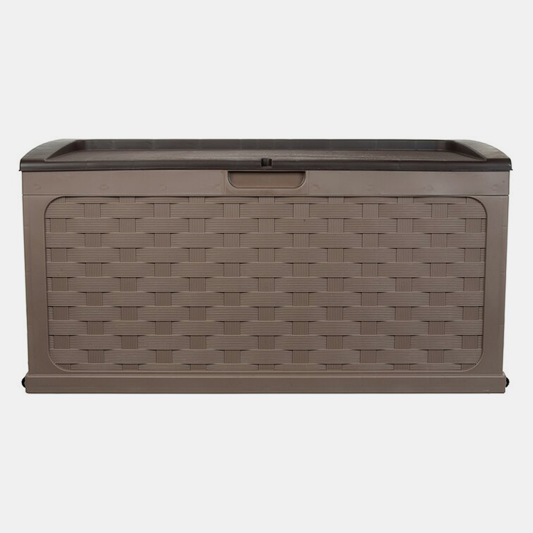 YM Outdoor 88 Gallon Plastic Bin Sit-On Rattan Style Storage Deck Box  , Weather & Water Resistant