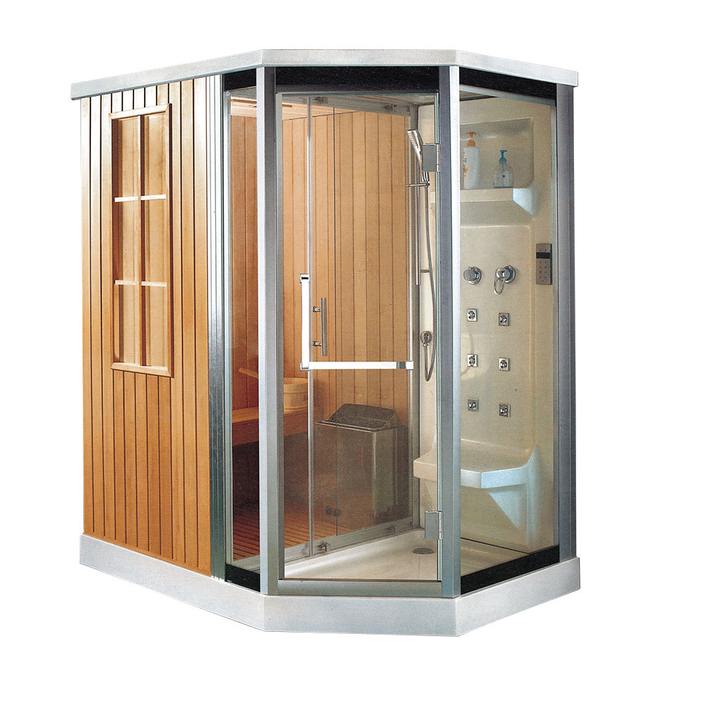 Sala de sauna de vapor Hemlock interior tradicional para el hogar con estufa
