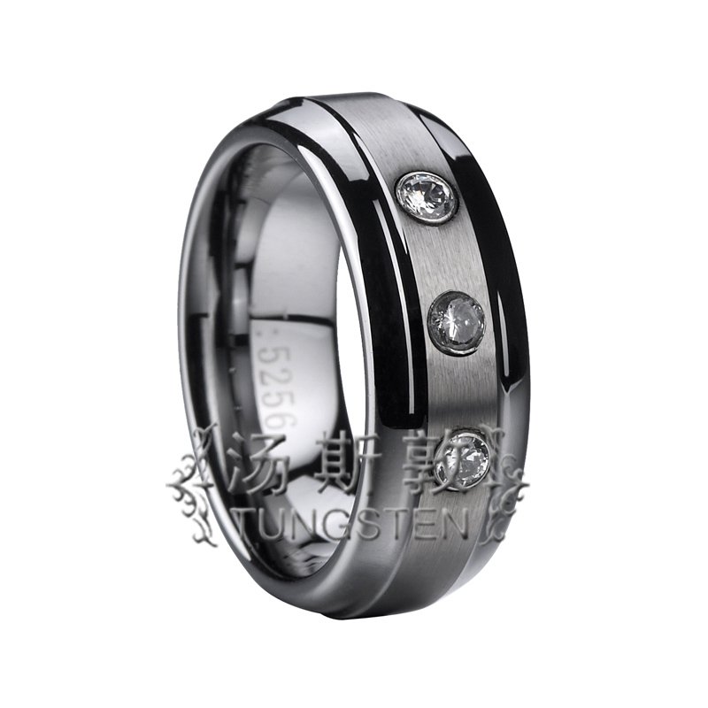 8 mm Raised Polished Center Tungsten Ring with 3 Zircon