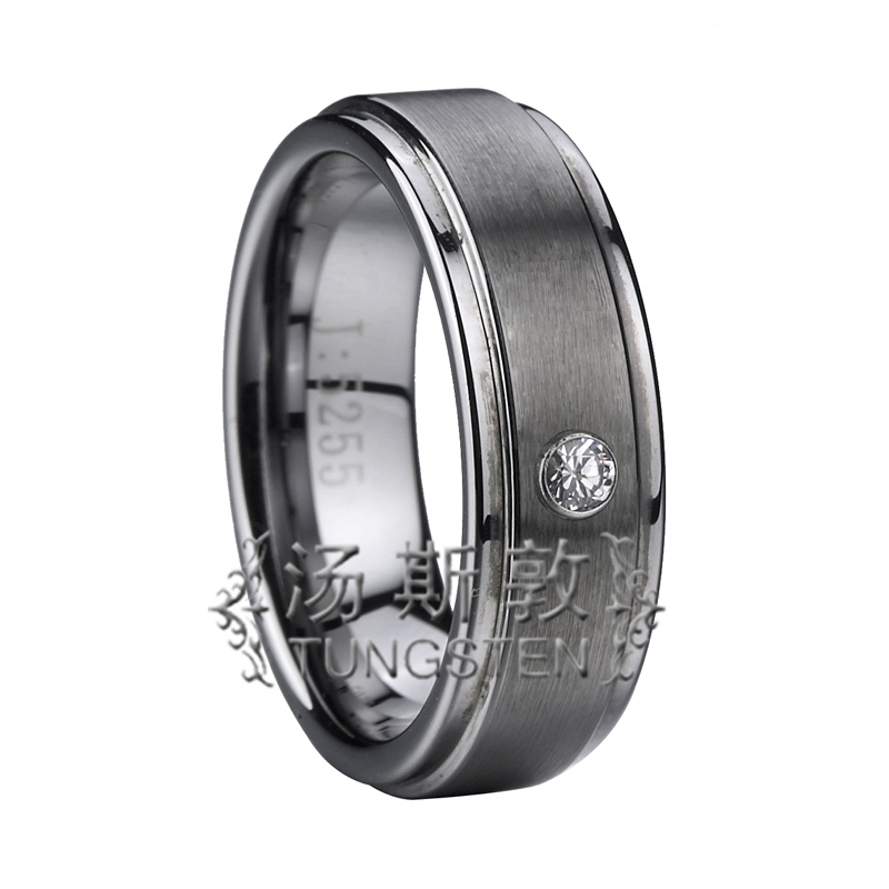 8 mm Raised Polished Center Tungsten Ring with Zircon