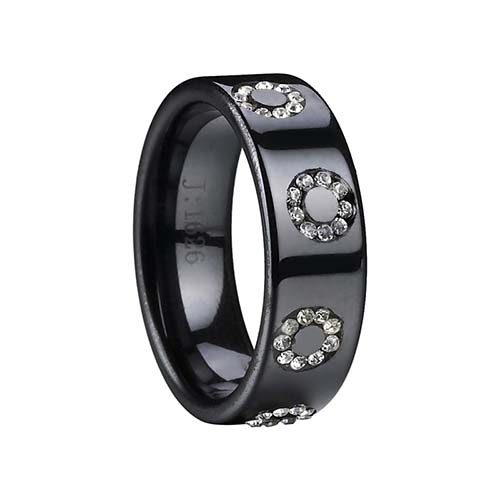 8 mm plokščias juodas keraminis žiedas su kristalu CZ