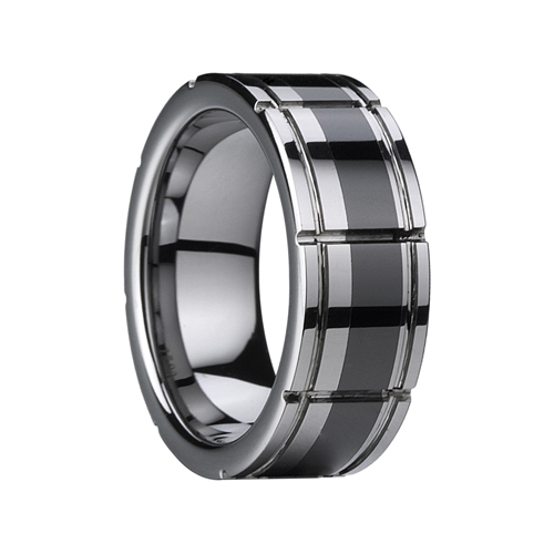 8mm Flat Groove Tungsten Wedding Ring Dengan pusat keramik