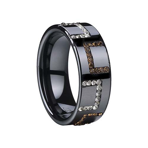 8mm Gold Plating Flat Black Ceramic Ring with crystal CZ