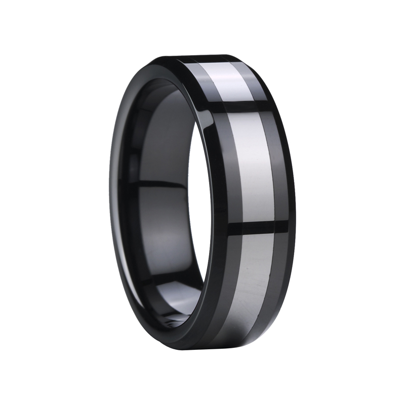 8mm New York Benchmark Polished Tungsten Inlaid Beveled Polished Ceramic Ring