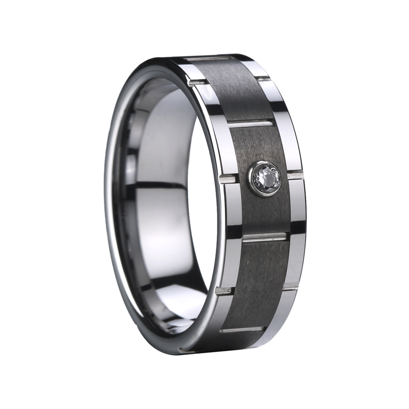 9 mm juodo centro volframo vestuvinis žiedas su cirkoniu
