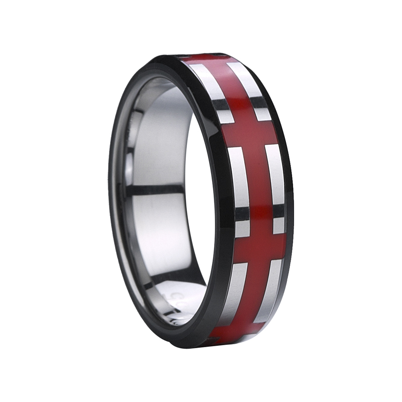 Венчален прстен од волфрам со закосени рабови со црвена смола 6mm Comfort прстен
