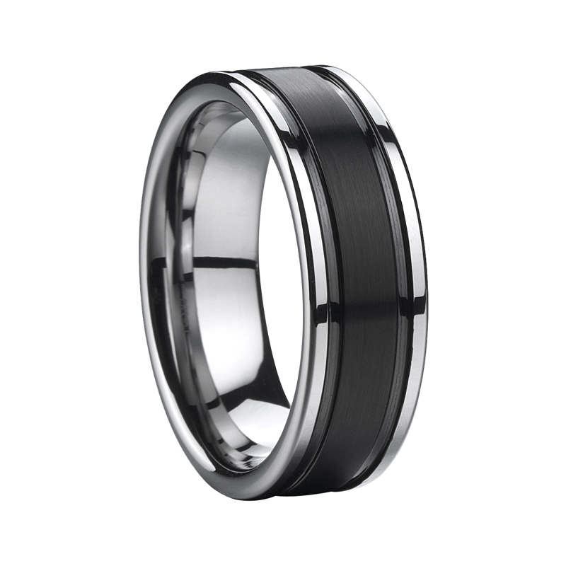 Black Brushed Center Tungsten Carbide Band with Grooved