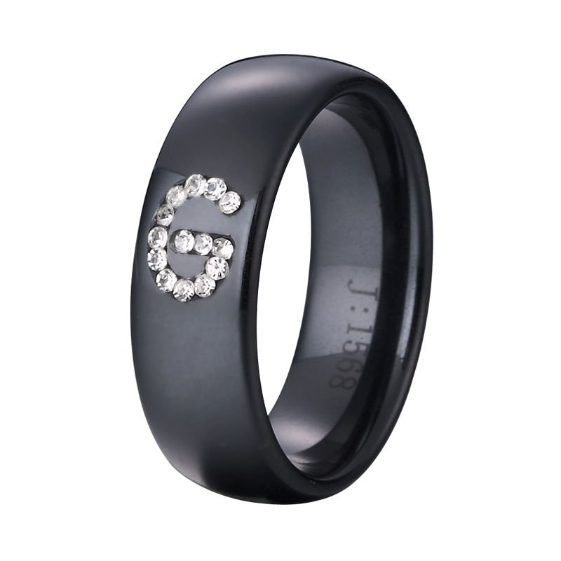 Black ceramic ring inlaid word line G na binubuo ng kristal