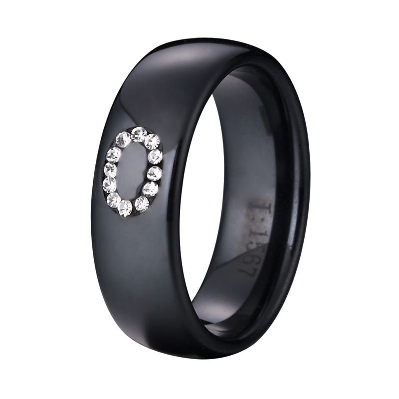 Black ceramic ring inlaid word line O composed of crystal