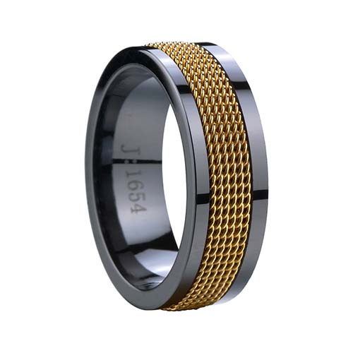 خاتم زفاف من السيراميك الأسود مع ترصيع من الفولاذ المقاوم للصدأ مطلي بالذهب