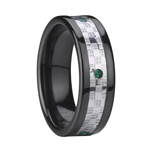 Juodas keramikinis vestuvinis žiedas su anglies pluoštu + žaliu akmeniu