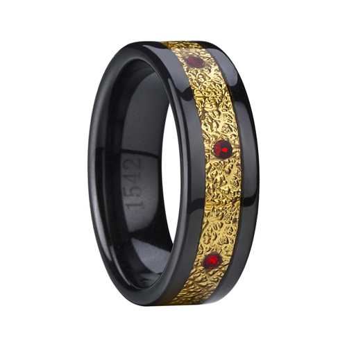 Nhẫn cưới bằng gốm đen với sợi carbon + tâm đá đỏ