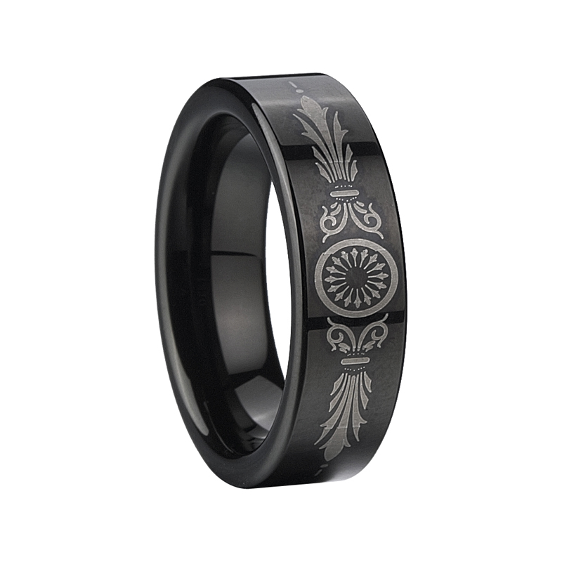 Црн конкавен ласерски гравиран волфрамски прстен свадбен бенд