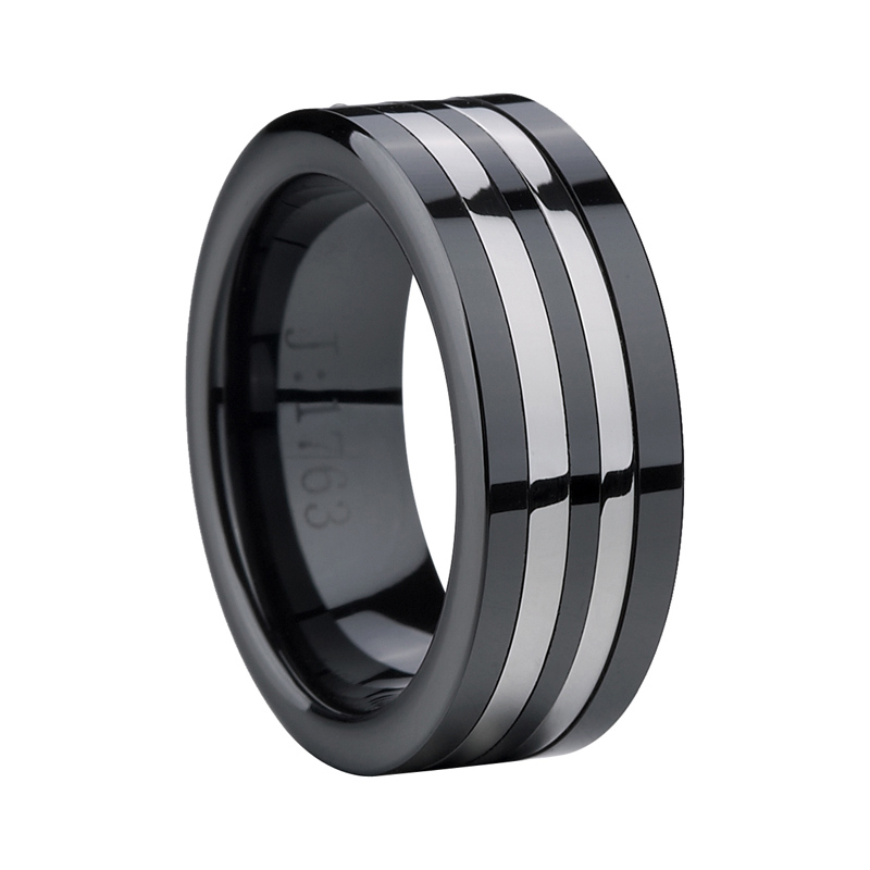 Brilliant Quality Black Flat Ceramic Rings With Double Stainless Steel Inlay