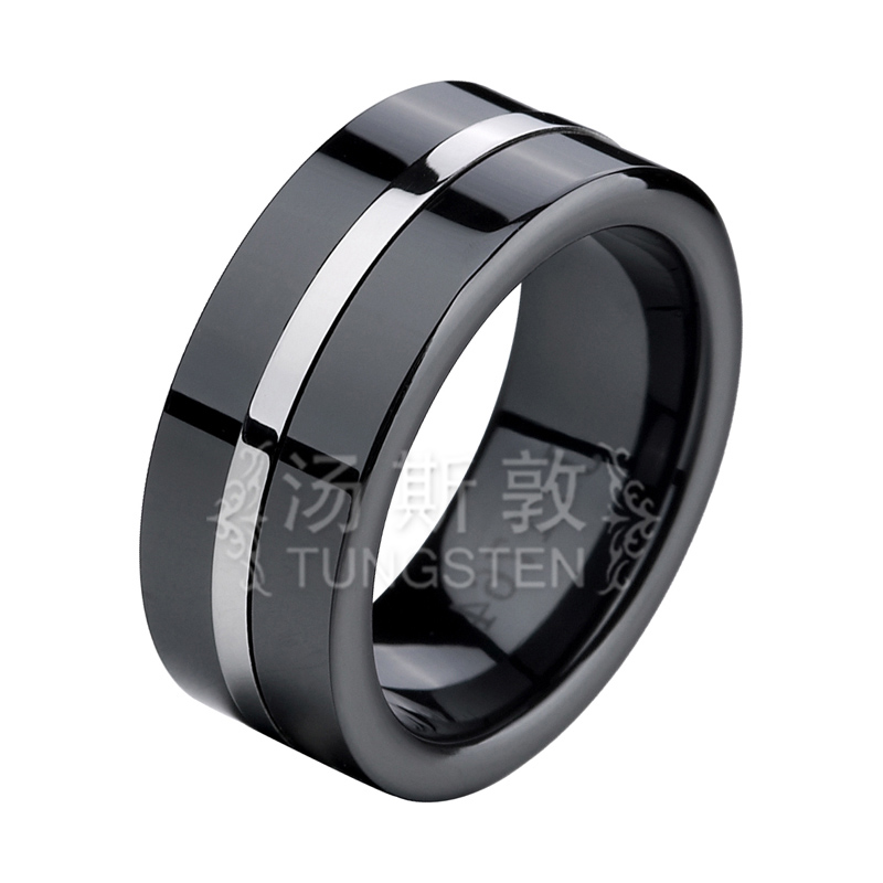 Brilliant Quality Black Flat Ceramic Rings With Single Stainless Steel Inlay