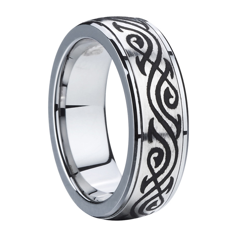 Dome Black Ribbon Pattern Tungsten Wedding Ring