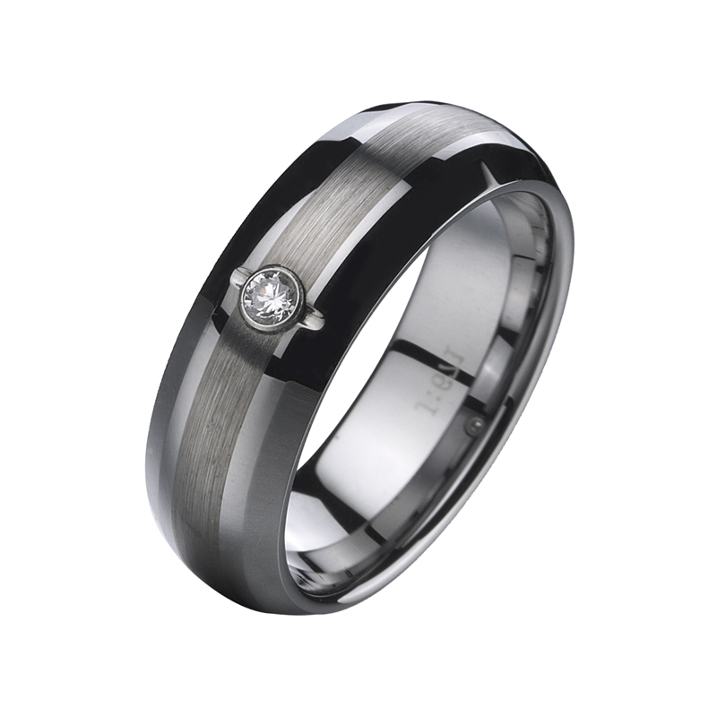 แหวนแต่งงานทังสเตนทรงโดมพร้อมแปรงขัดตรงกลางและหิน