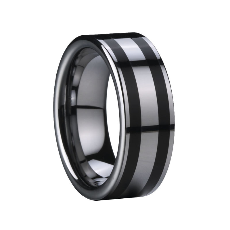 Double Black Resin Inlaid Flat Tungsten Ring