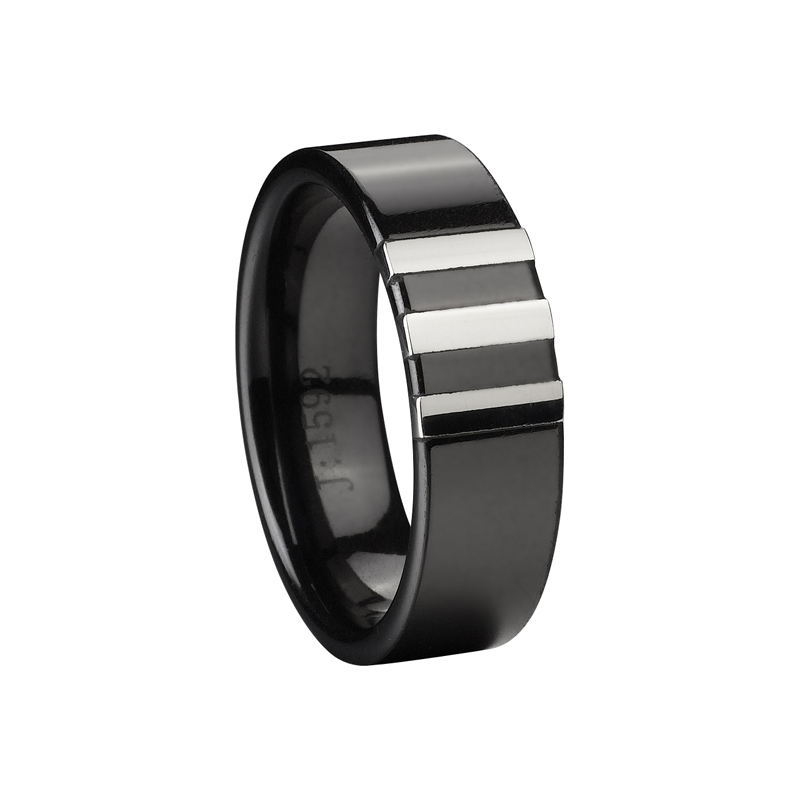 Flat Style Black Ceramic Mens Stainless Steel Ring